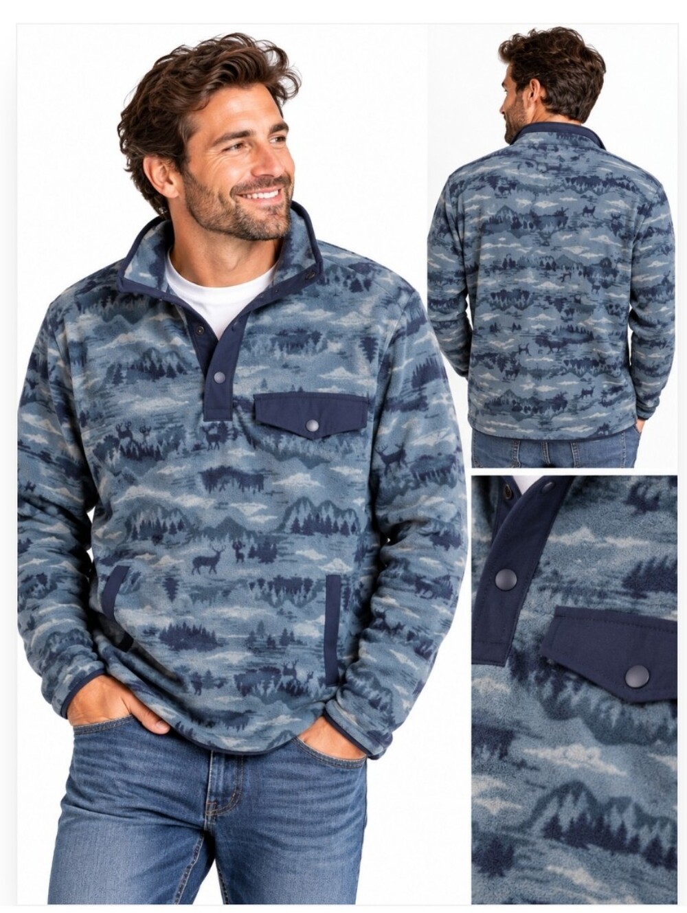 Duluth Trading Fleece Pullover Blue Mountain Deer Print Snap Neck Large New